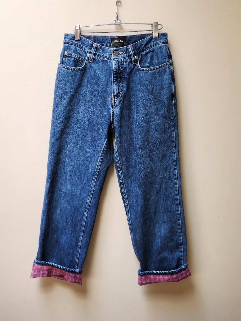 Eddie Bauer 100% cotton flannel plaid lined denim jeans / 4